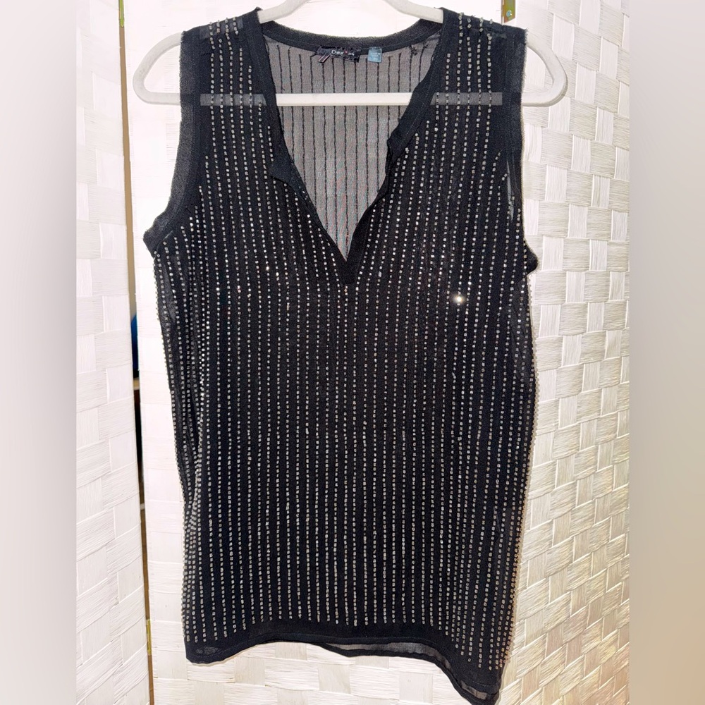 NWT Dex Black Sheer Mesh Beaded V Neck Top Size M